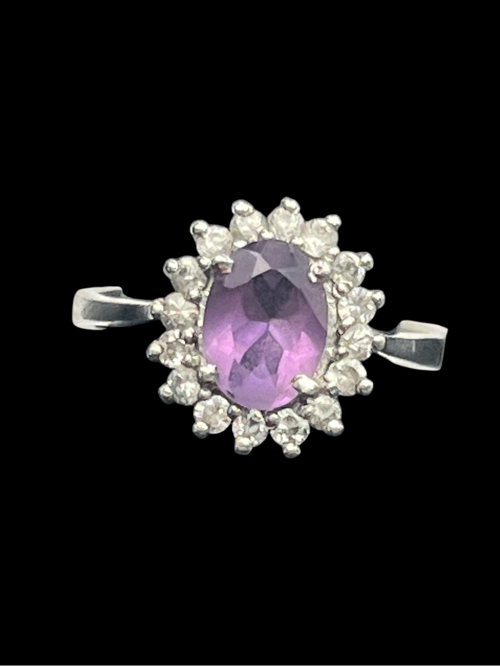 Purple & clear stone halo sterling silver ring size 6.75 vintage
